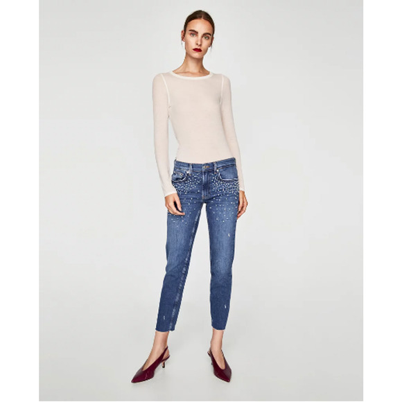 Zara Pearl Beaded Embellished Slim Boyfriend Denim Jeans - Picture 1 of 11